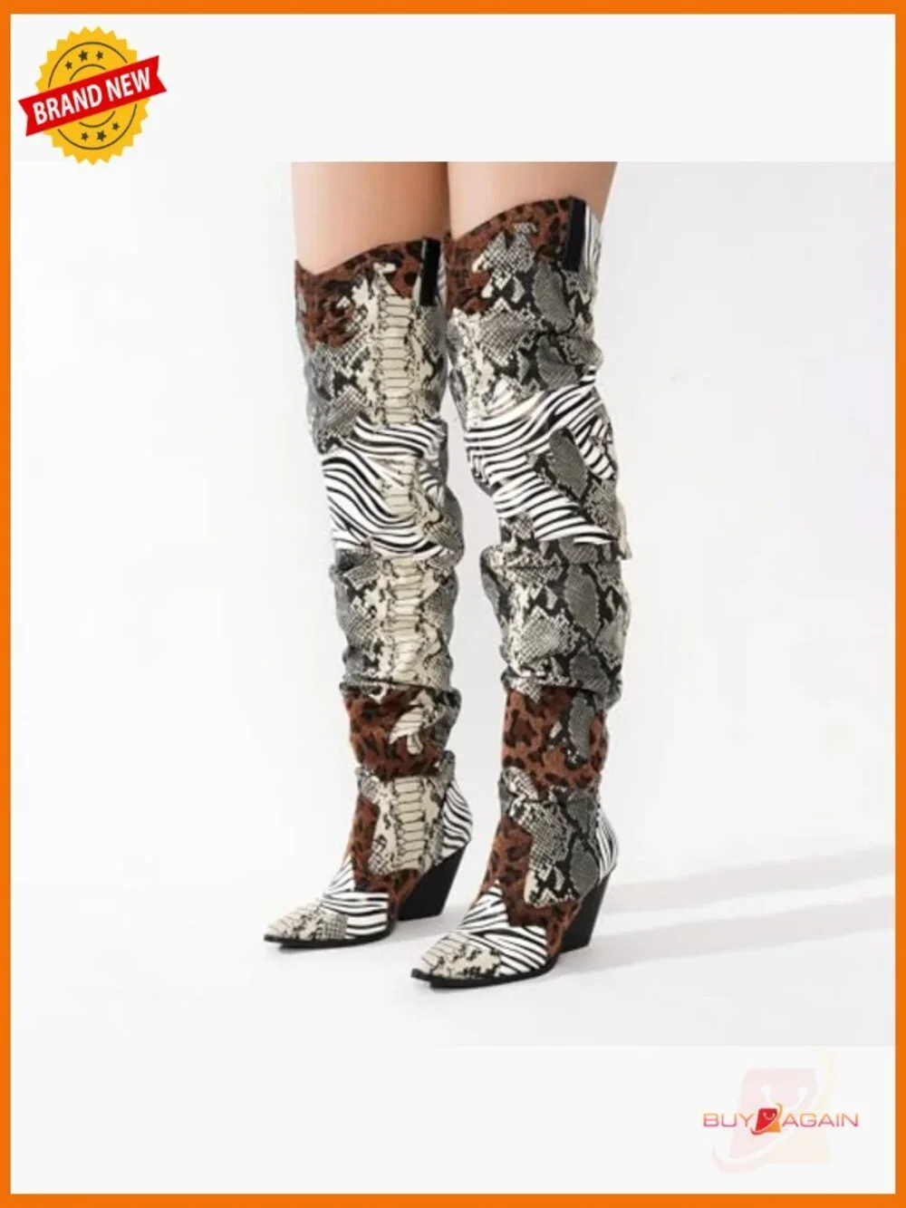 Thigh High Cowboy Boots Chunky Heel Faux Snakeskin Western Booties